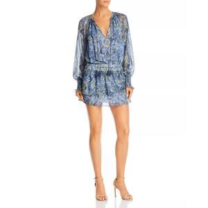 Ramy Brook Brinley Printed Tassel Tie Long Sleeve Mini Dress Navy Blue Size M